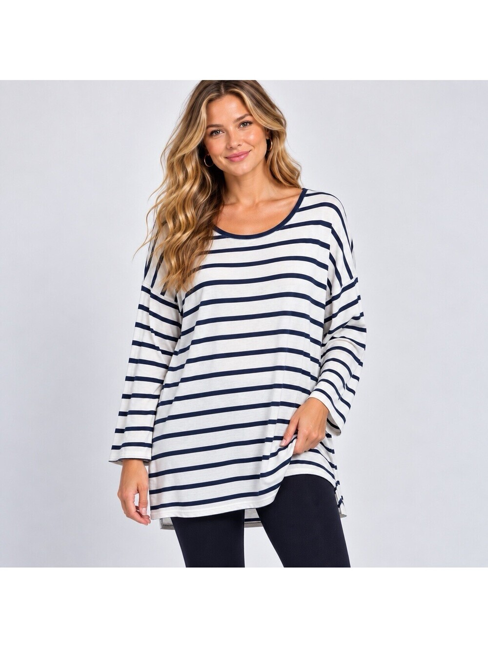 Kiara Navy White Striped Tunic Top Large Oversized Coastal Nautical Lagenlook
